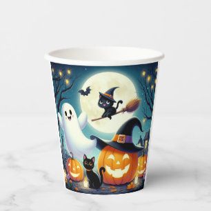 Cute, whimsical Halloween pumpkin, cat, & ghost Paper Cups