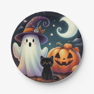 Cute, whimsical Halloween pumpkin, cat, & ghost Paper Plate
