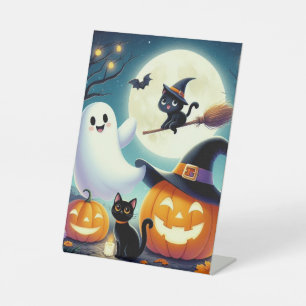 Cute, whimsical Halloween pumpkin, cat, & ghost Pedestal Sign