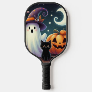 Cute, whimsical Halloween pumpkin, cat, & ghost Pickleball Paddle