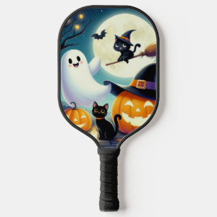 Cute, whimsical Halloween pumpkin, cat, & ghost Pickleball Paddle