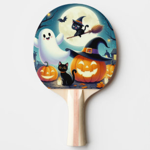 Cute, whimsical Halloween pumpkin, cat, & ghost Ping Pong Paddle
