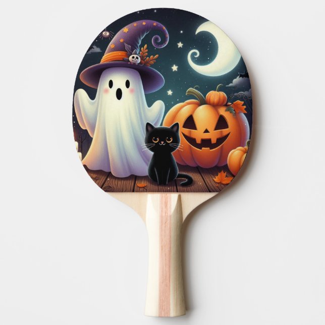 Cute, whimsical Halloween pumpkin, cat, & ghost Ping Pong Paddle (Front)