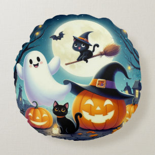Cute, whimsical Halloween pumpkin, cat, & ghost Round Cushion