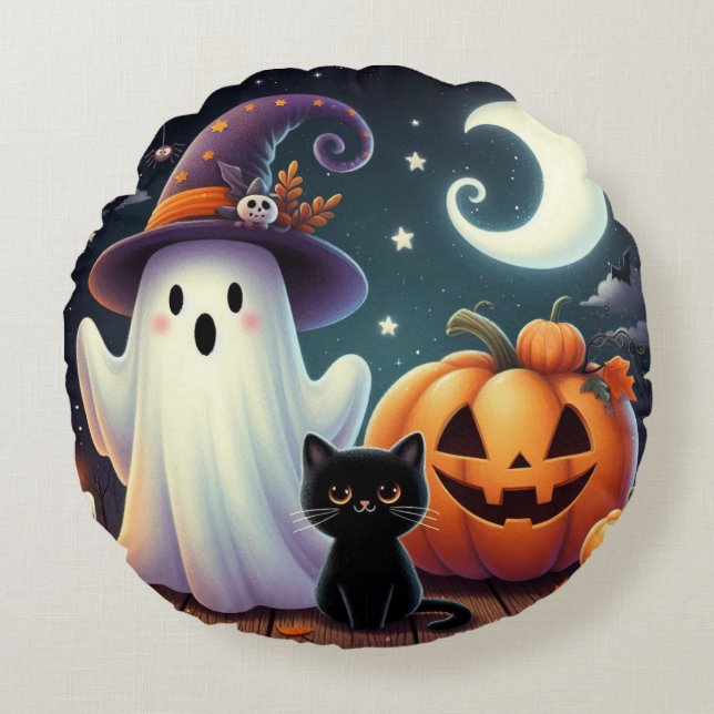 Cute, whimsical Halloween pumpkin, cat, & ghost Round Cushion (Front)