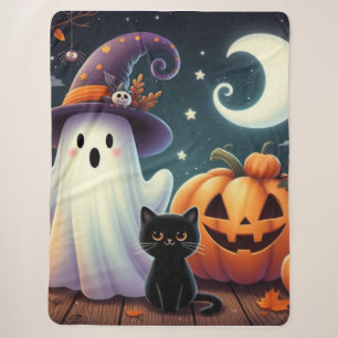 Cute, whimsical Halloween pumpkin, cat, & ghost Sherpa Blanket
