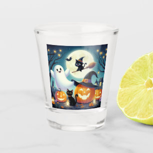 Cute, whimsical Halloween pumpkin, cat, & ghost Shot Glass