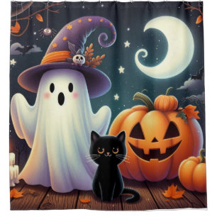 Cute, whimsical Halloween pumpkin, cat, & ghost Shower Curtain