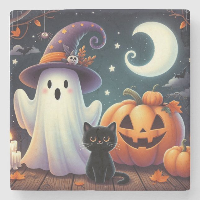 Cute, whimsical Halloween pumpkin, cat, & ghost Stone Coaster (Front)