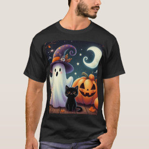 Cute, whimsical Halloween pumpkin, cat, & ghost T-Shirt
