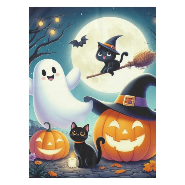 Cute, whimsical Halloween pumpkin, cat, & ghost Tablecloth (Front)