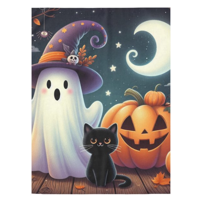 Cute, whimsical Halloween pumpkin, cat, & ghost Tablecloth (Front)