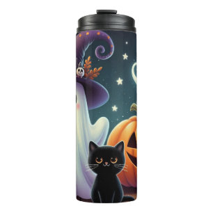 Cute, whimsical Halloween pumpkin, cat, & ghost Thermal Tumbler