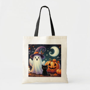 Cute, whimsical Halloween pumpkin, cat, & ghost Tote Bag