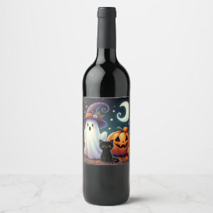 Cute, whimsical Halloween pumpkin, cat, & ghost Wine Label
