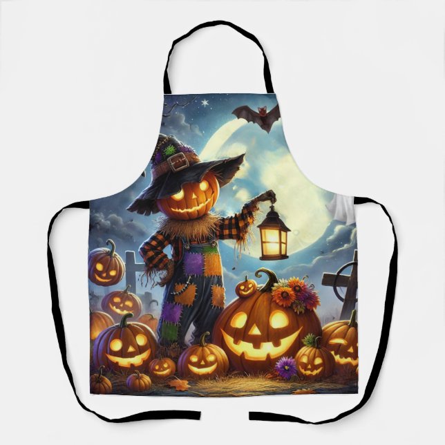 Cute, Whimsical Halloween scarecrow & pumpkins Apron (Front)
