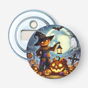 Cute, Whimsical Halloween scarecrow & pumpkins Bottle Opener