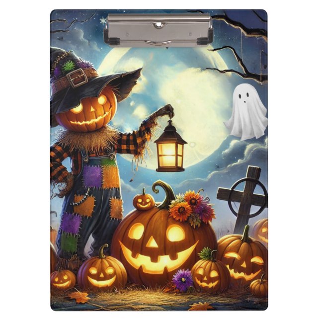 Cute, Whimsical Halloween scarecrow & pumpkins Clipboard (Front)