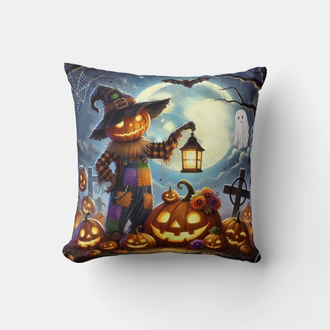 Cute, Whimsical Halloween scarecrow & pumpkins Cushion (Front)