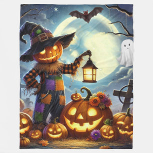 Cute, Whimsical Halloween scarecrow & pumpkins Fleece Blanket
