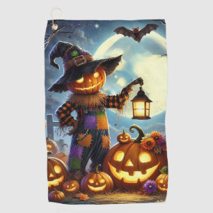Cute, Whimsical Halloween scarecrow & pumpkins Golf Towel
