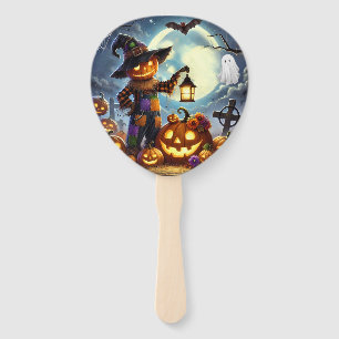 Cute, Whimsical Halloween scarecrow & pumpkins Hand Fan