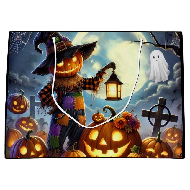 Cute, Whimsical Halloween scarecrow & pumpkins Large Gift Bag (Front)