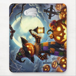 Cute, Whimsical Halloween scarecrow & pumpkins Mouse Pad