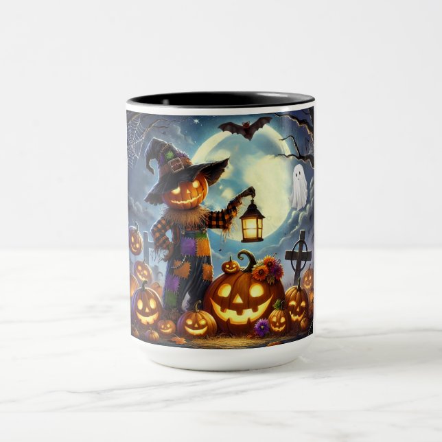 Cute, Whimsical Halloween scarecrow & pumpkins Mug (Center)