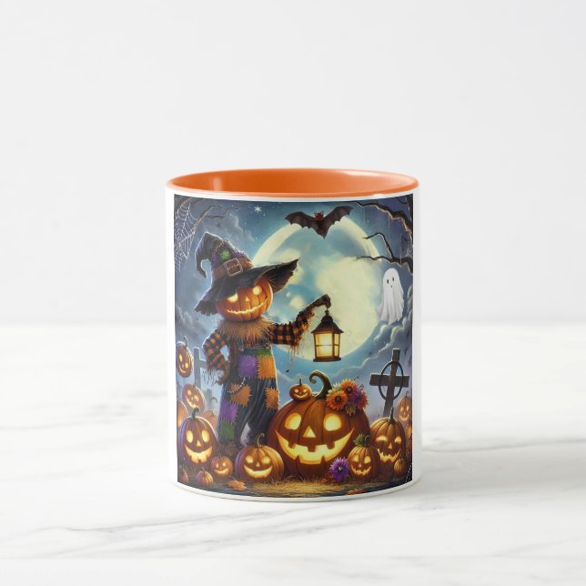 Cute, Whimsical Halloween scarecrow & pumpkins Mug (Center)