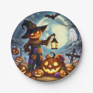 Cute, Whimsical Halloween scarecrow & pumpkins Paper Plate