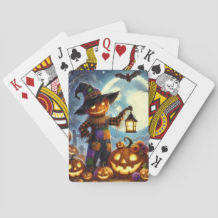 Cute, Whimsical Halloween scarecrow & pumpkins Playing Cards