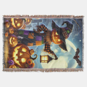 Cute, Whimsical Halloween scarecrow & pumpkins Throw Blanket