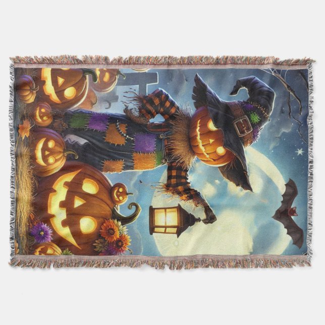 Cute, Whimsical Halloween scarecrow & pumpkins Throw Blanket (Front)