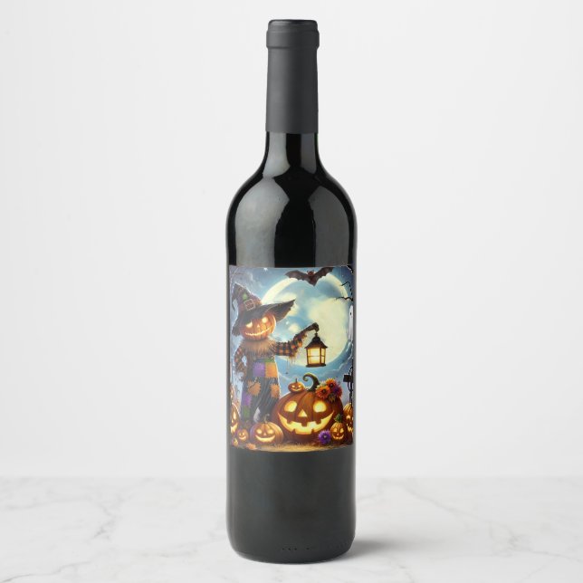 Cute, Whimsical Halloween scarecrow & pumpkins Wine Label (Front)