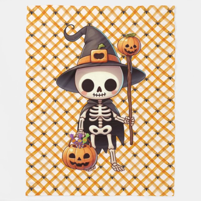 Cute, Whimsical Halloween skeleton Fleece Blanket (Front)