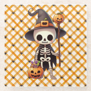 Cute, Whimsical Halloween skeleton Glass Coaster