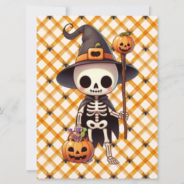 Cute, Whimsical Halloween skeleton Holiday Card (Front)