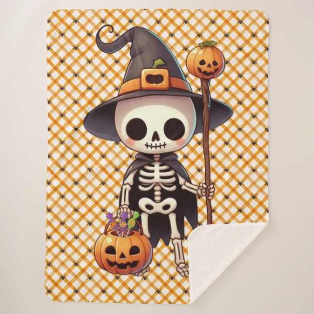 Cute, Whimsical Halloween skeleton Sherpa Blanket (Front)