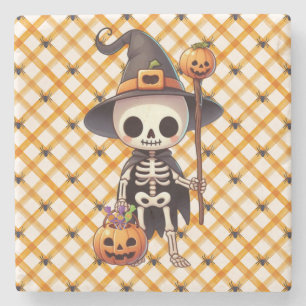 Cute, Whimsical Halloween skeleton Stone Coaster