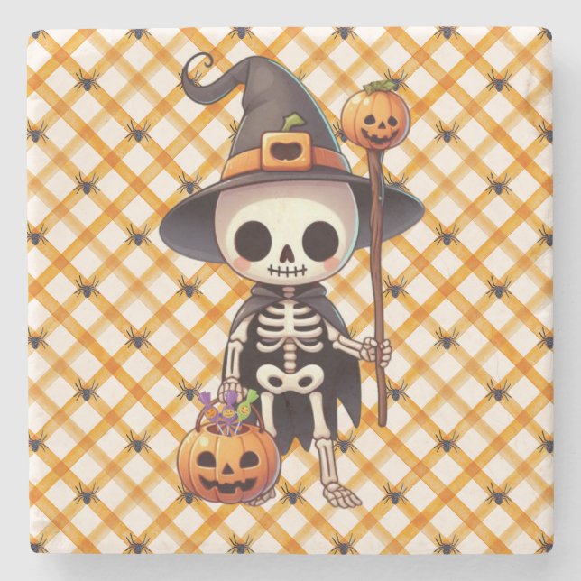 Cute, Whimsical Halloween skeleton Stone Coaster (Front)