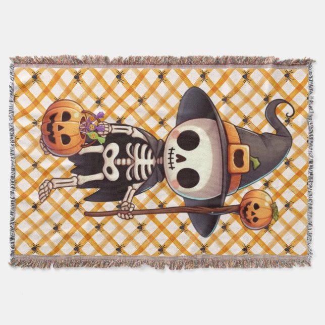 Cute, Whimsical Halloween skeleton Throw Blanket (Front)