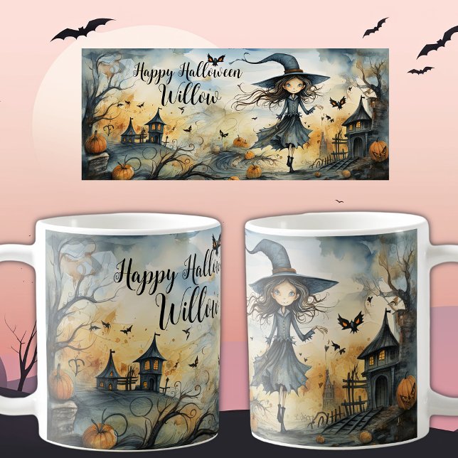 Cute Whimsical Halloween Witch, Personalised Name Coffee Mug (Creator Uploaded)