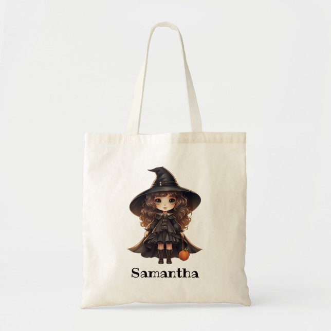 Cute Whimsical Halloween Witch Trick-or-Treat Tote Bag (Front)