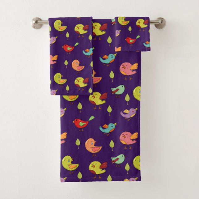 Cute Whimsical Hand-Drawn Birds Pattern Bath Towel Set (Insitu)