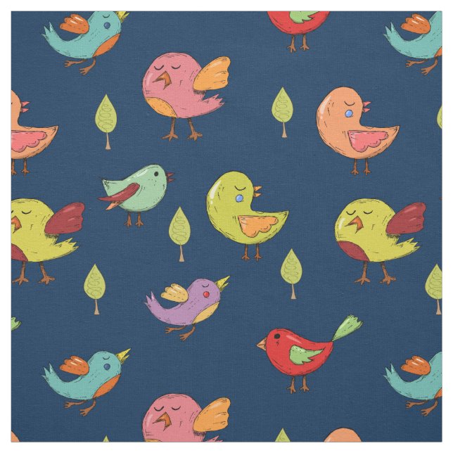 Cute Whimsical Hand-Drawn Birds Pattern Fabric (Swatch)