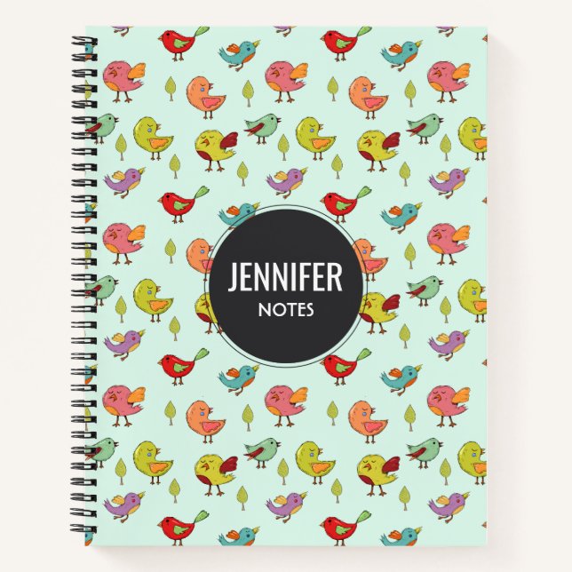 Cute Whimsical Hand-Drawn Birds Pattern Notebook (Front)