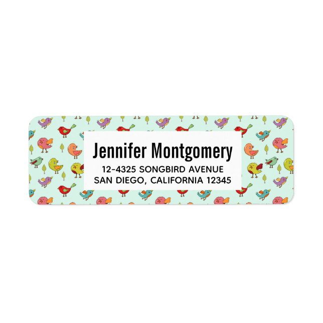 Cute Whimsical Hand-Drawn Birds Pattern Return Address Label (Front)