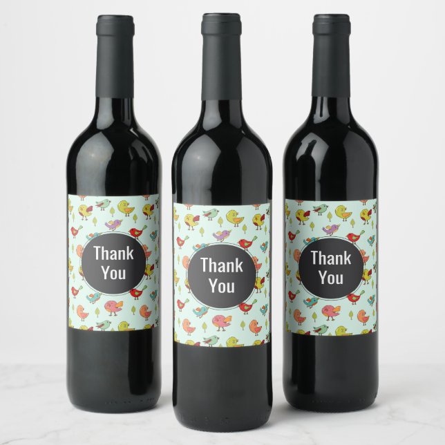 Cute Whimsical Hand-Drawn Birds Pattern Thank You Wine Label (Bottles)