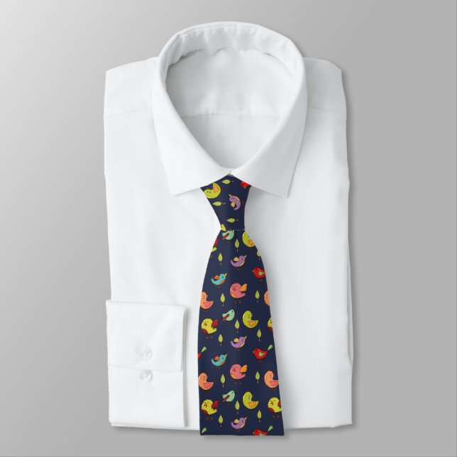 Cute Whimsical Hand-Drawn Birds Pattern Tie (Tied)